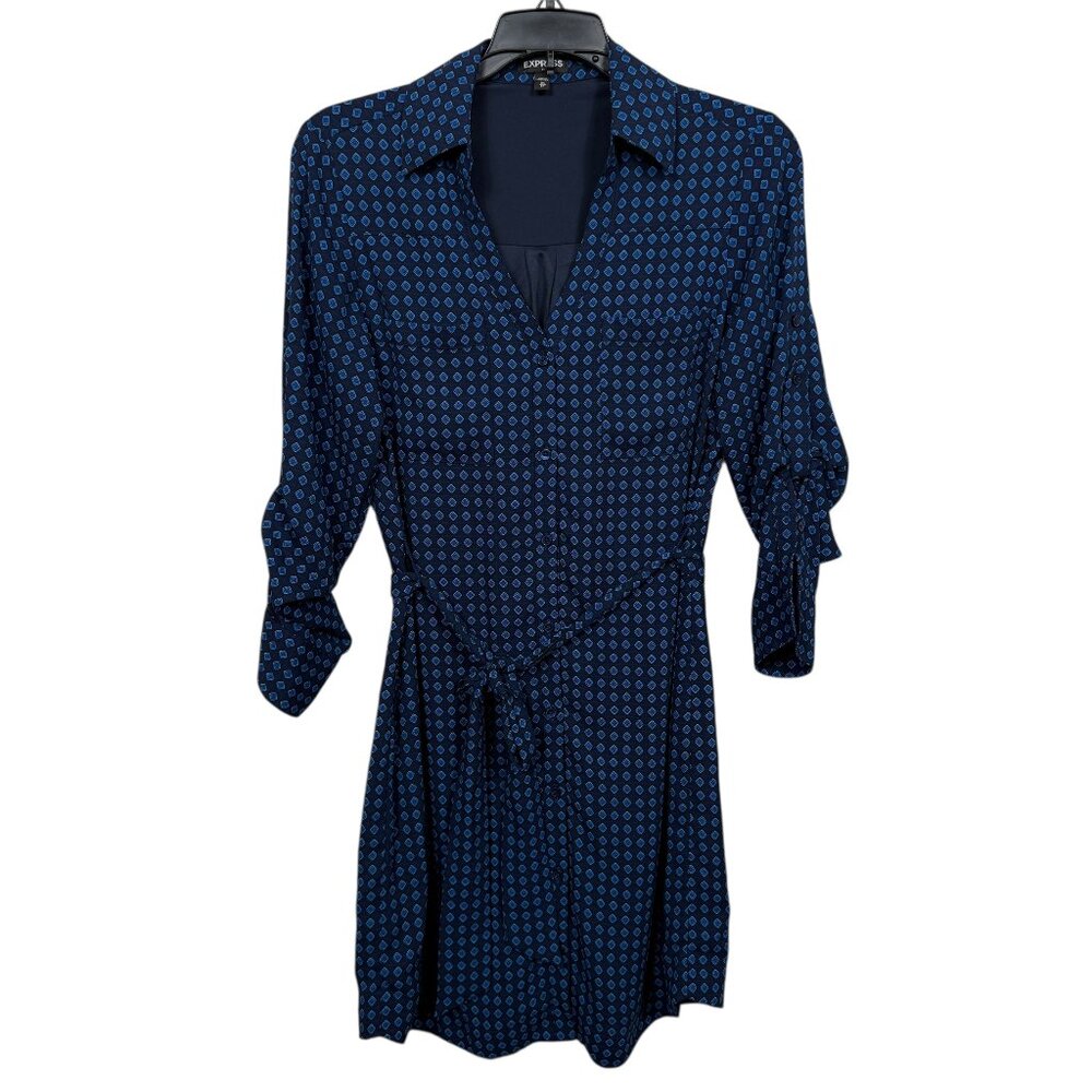 Express Portofino Style Shirtdress Womens XS Blue Geometric Business Casual Belt